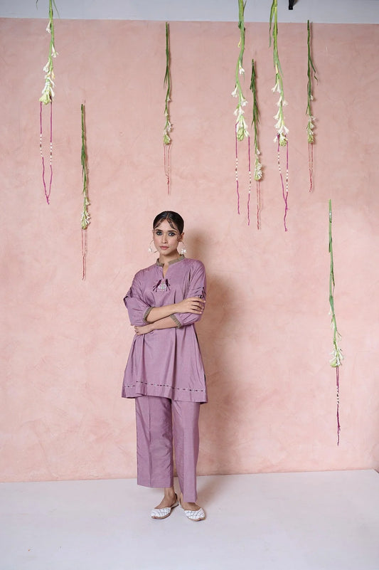 Lilac cotton silk co ord set with birds motif - Sohni