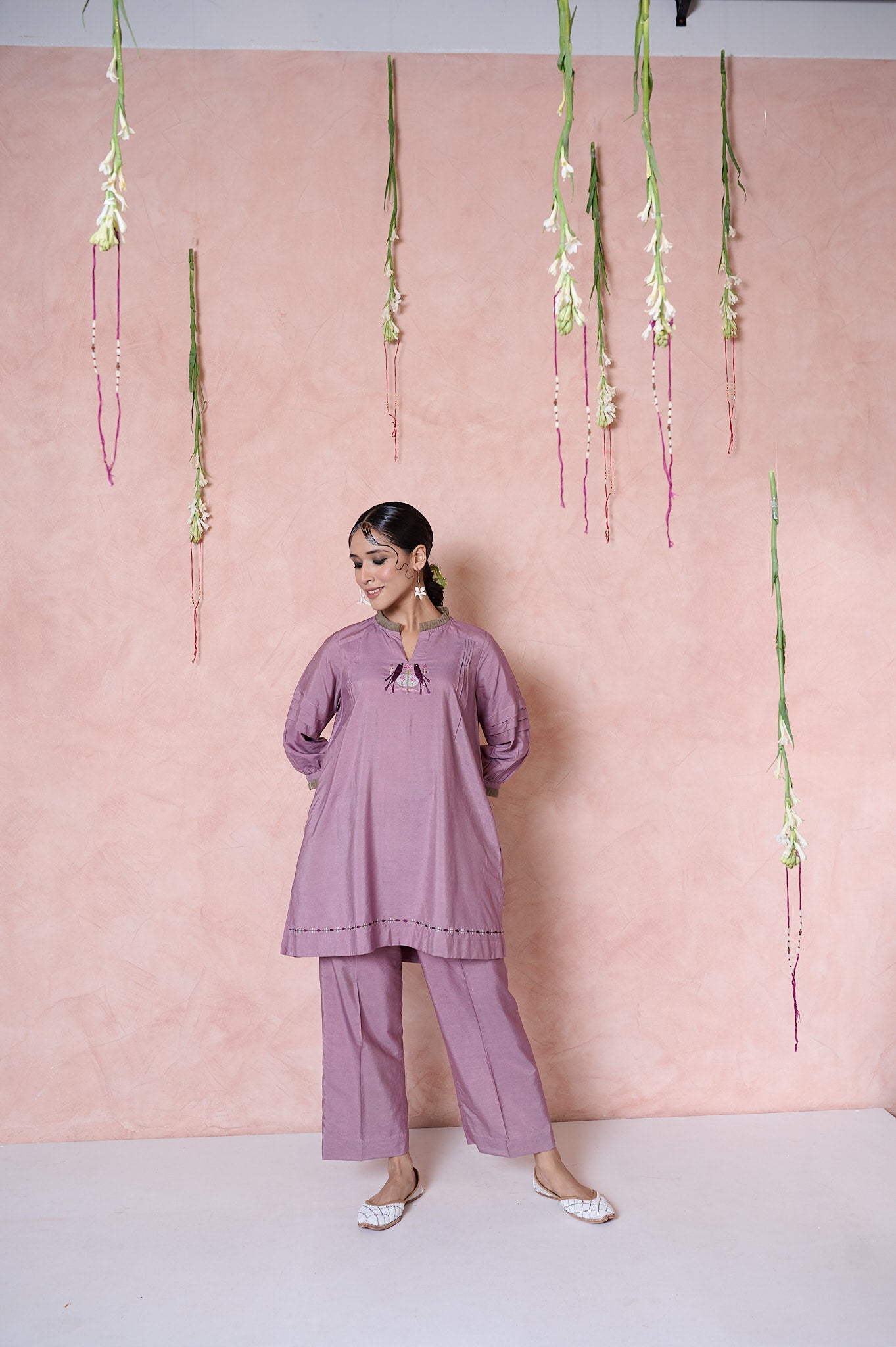 Lilac cotton silk co ord set with birds motif - Sohni
