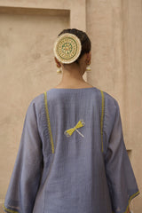 Blue grey tissue chanderi kurta set with dragon fly embroidery - Sohni