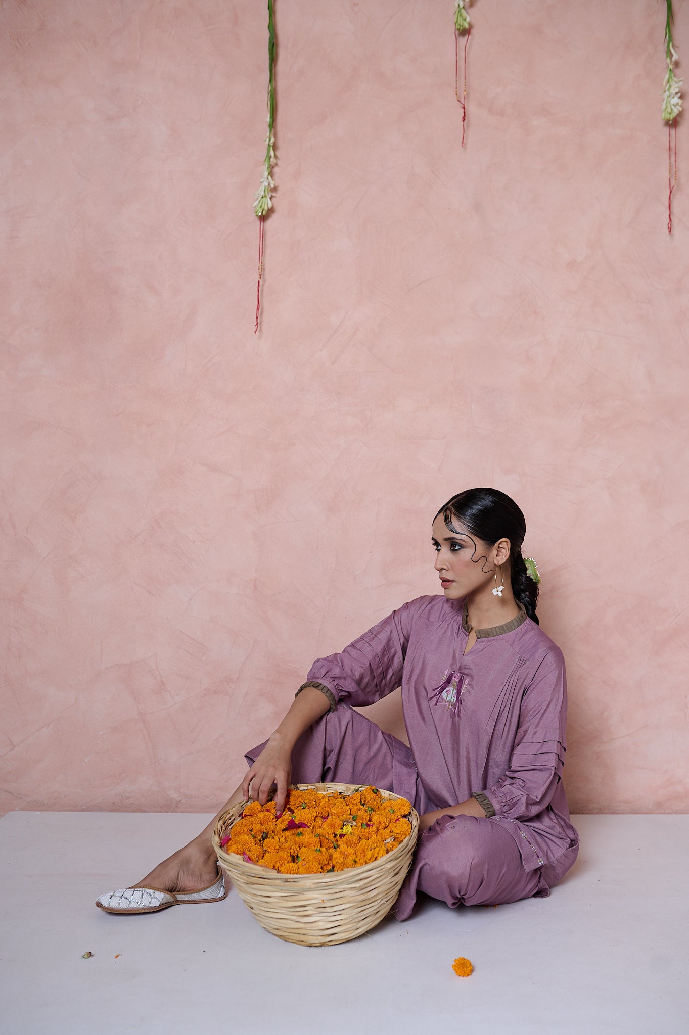 Lilac cotton silk co ord set with birds motif - Sohni