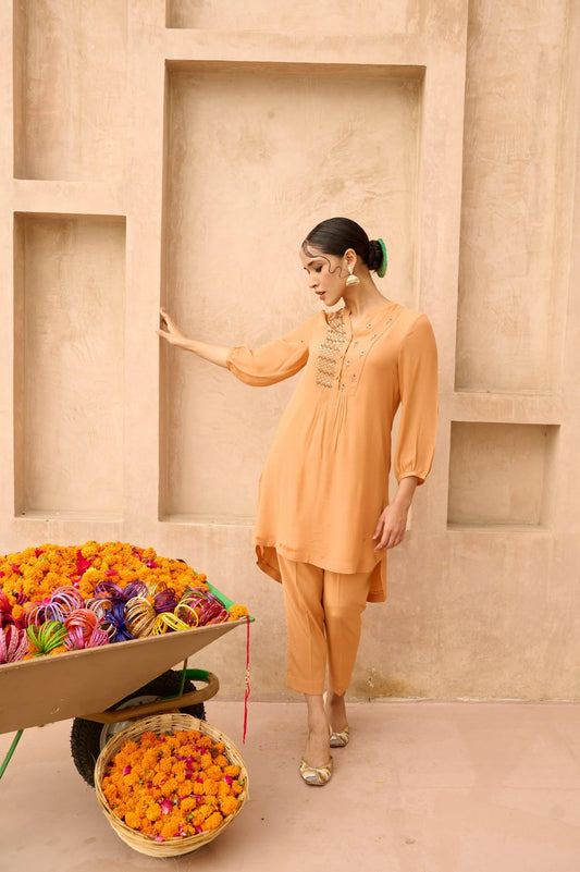 Melon orange georgette co ord set with embroidered yoke - Sohni