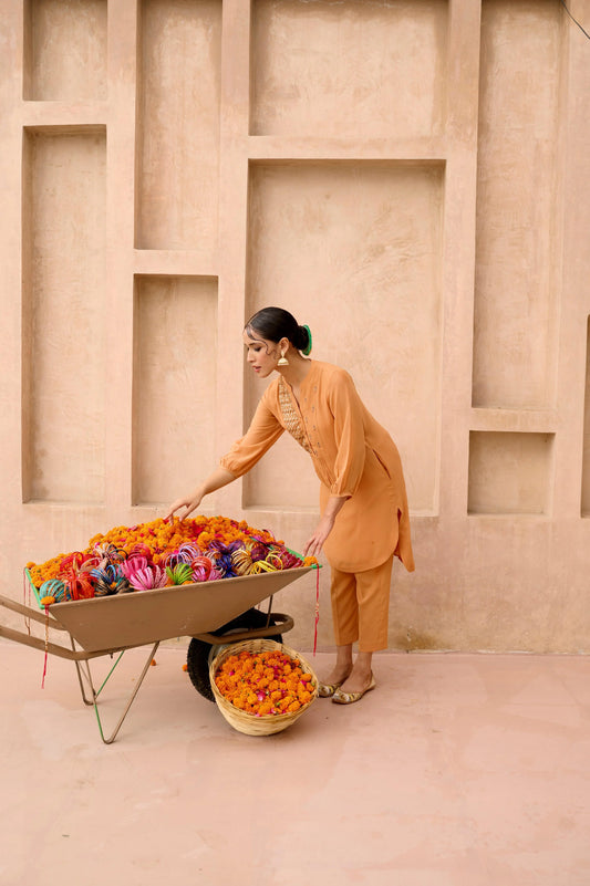 Melon orange georgette co ord set with embroidered yoke - Sohni