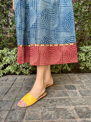 Indigo red geometric ajrakh print midi dress with coins and bead detail