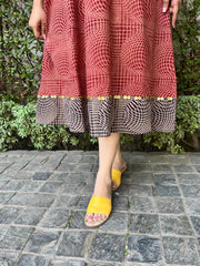 Red black geometric ajrakh print midi dress with coins and bead detail