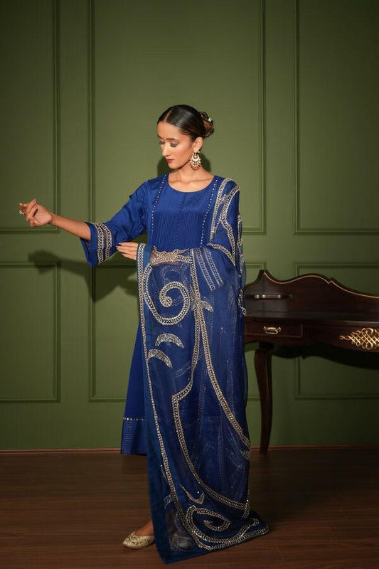 Electric blue kurta set with chaand taara organza dupatta - Sohni