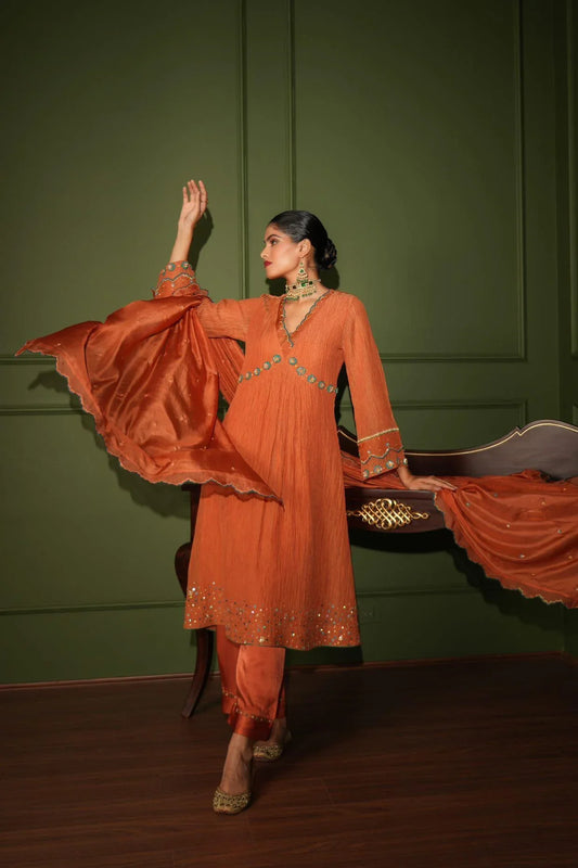 Burnt orange crinkle tissue empire line flared kurta set - Sohni