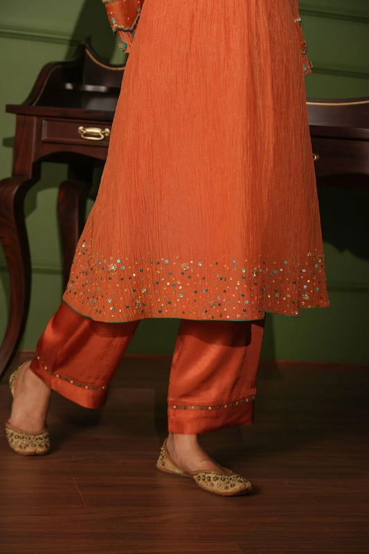 Burnt orange crinkle tissue empire line flared kurta set - Sohni