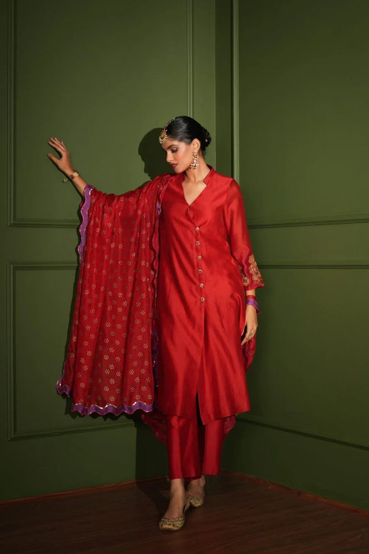 Red chanderi angrakha set with kimkhwab appliqué - Sohni