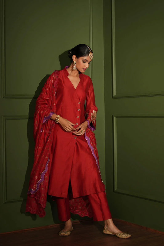 Red chanderi angrakha set with kimkhwab appliqué - Sohni