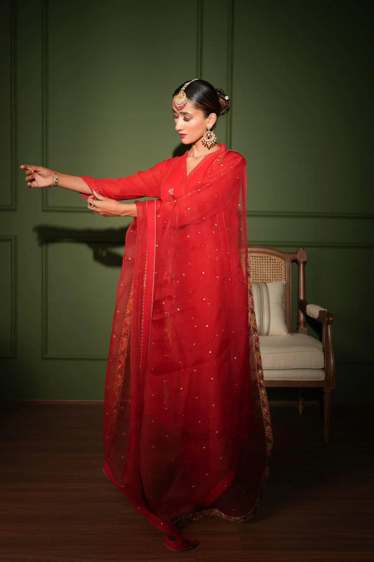 Red overlap kurta set with peacock motifs - Sohni