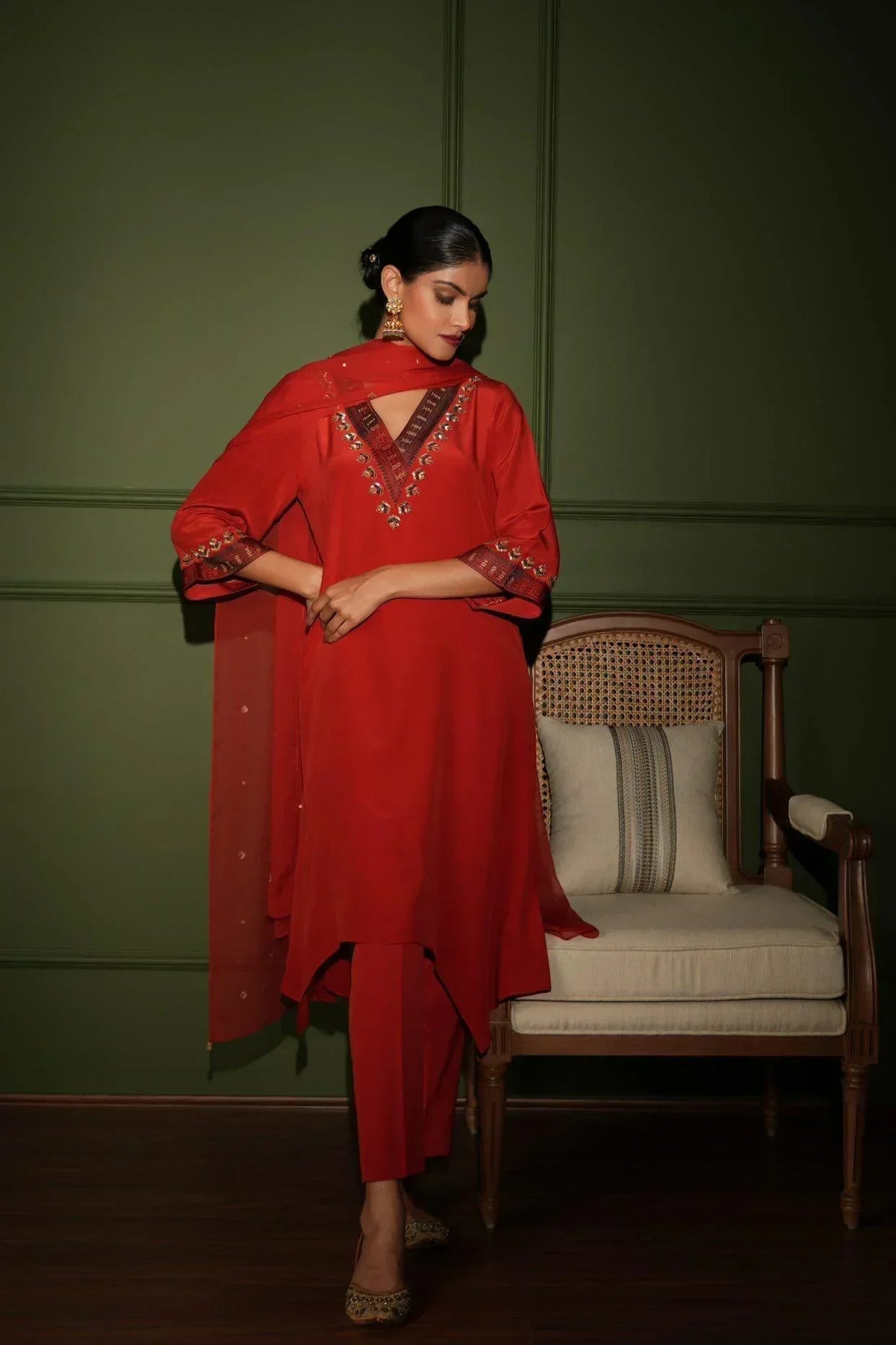 Rani pink asymmetrical kurta set with antique brocade borders - Sohni