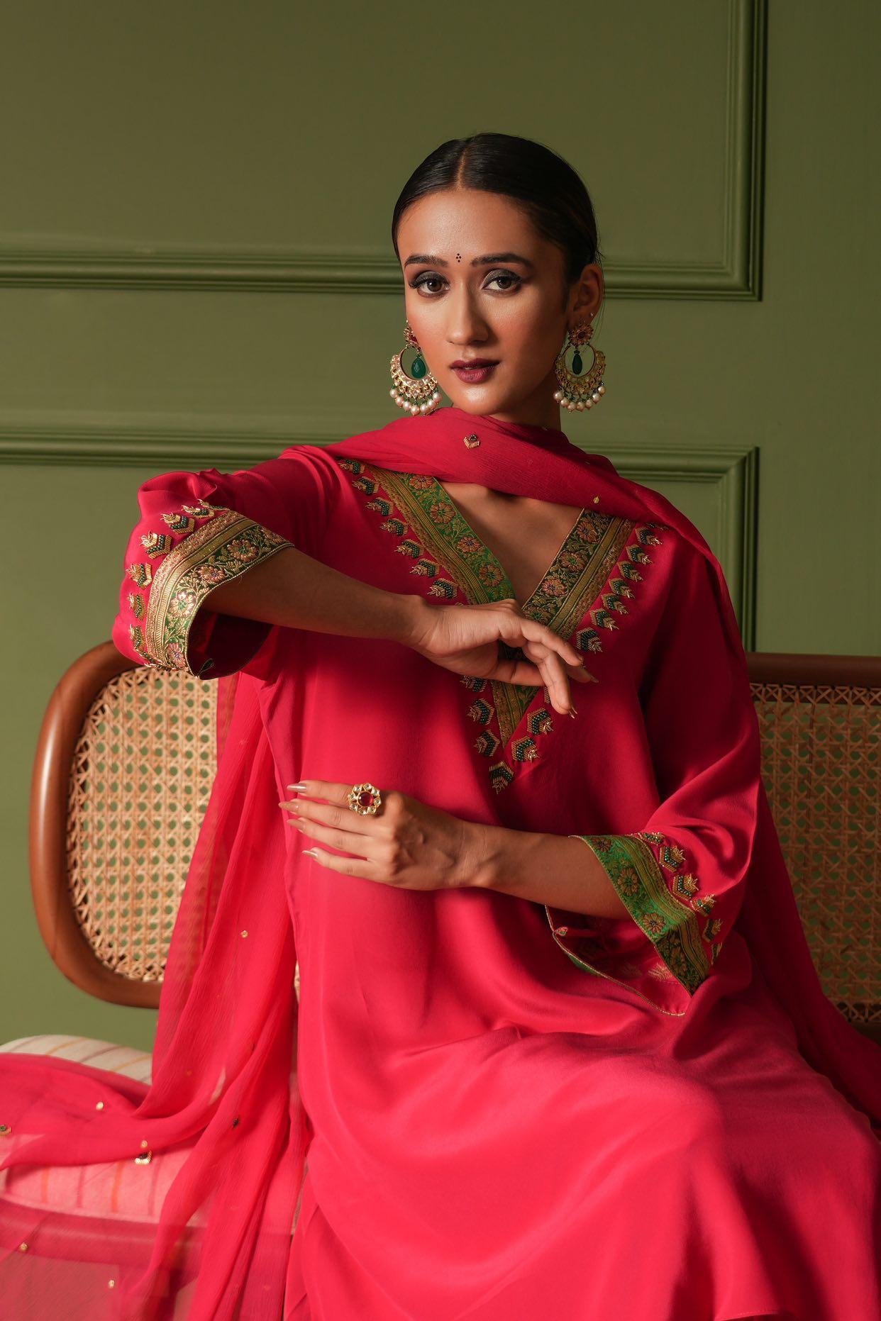 Rani pink asymmetrical kurta set with antique brocade borders