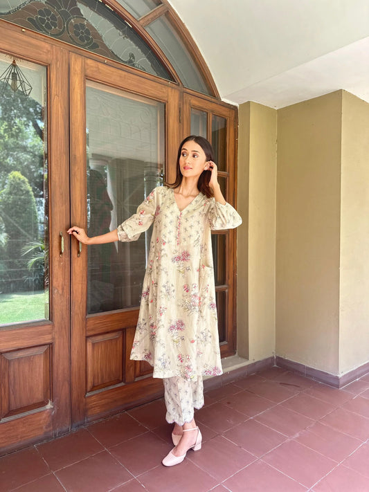 Pale green lurex mul chanderi floral and booti print coord set