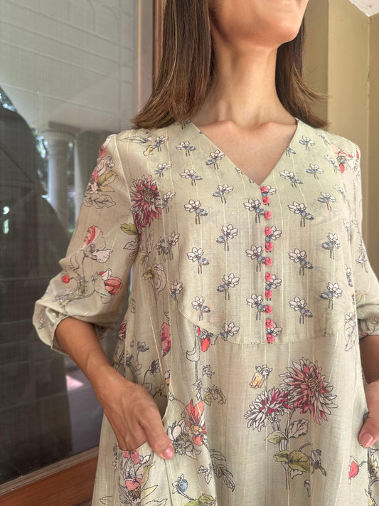 Pale green lurex mul chanderi floral and booti print coord set