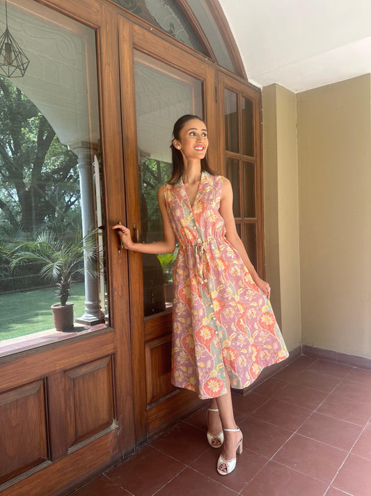 Linen digital print button down dress