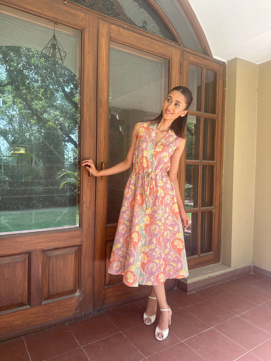 Linen digital print button down dress