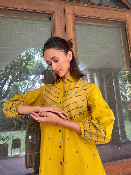 Ochre yellow handloom co ord set with pahadi motif