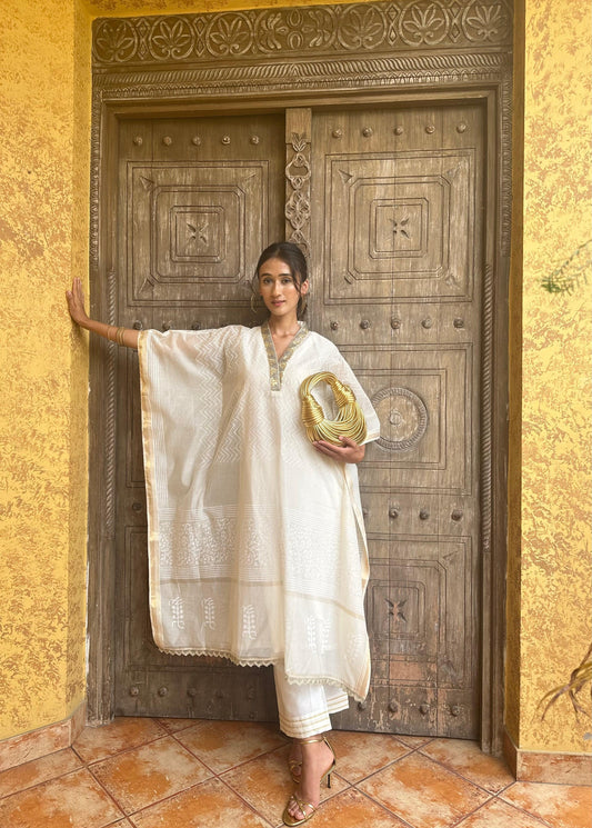 Ivory maheshwari sequins neck long kaftaan with straight pants