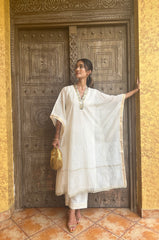 Ivory maheshwari sequins neck long kaftaan with straight pants