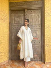 Ivory maheshwari sequins neck long kaftaan with straight pants