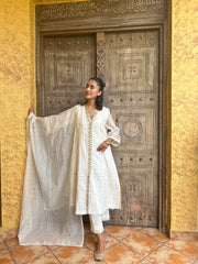 Ivory chanderi overlap kurta set with sequinned embroidery and schiffli detail