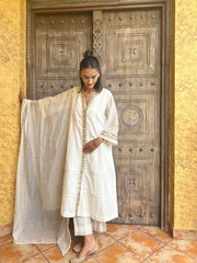 Ivory chanderi overlap kurta set with sequinned embroidery and schiffli detail