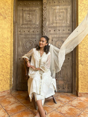 Ivory chanderi overlap kurta set with sequinned embroidery and schiffli detail