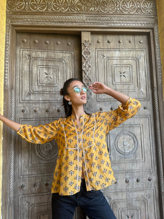 Mango yellow muslin booti print top with lace detail