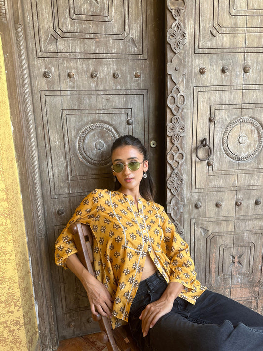 Mango yellow muslin booti print top with lace detail