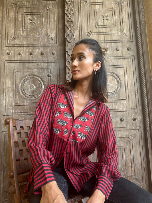 Red striped muslin shirt with print yoke