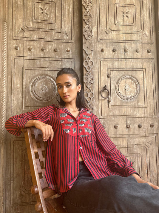 Red striped muslin shirt with print yoke