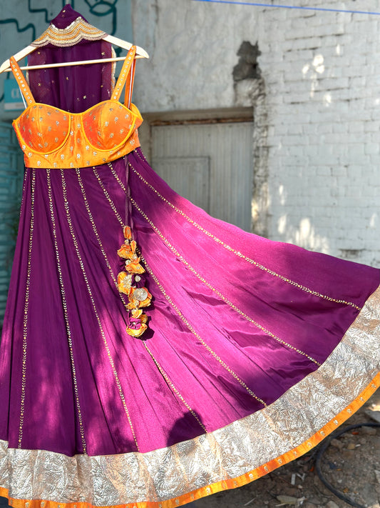 Purple lehenga With Shot Ochre Silk Corset Blouse And Organza Dupatta