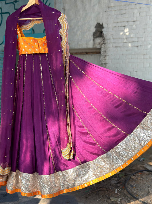 Purple lehenga With Shot Ochre Silk Corset Blouse And Organza Dupatta