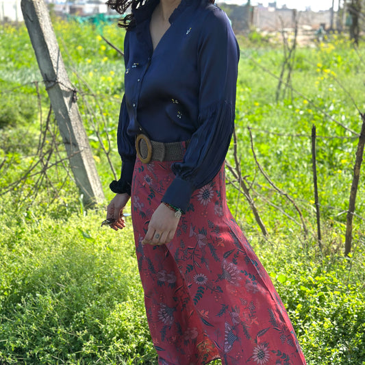 Navy blue bumblebee embroidered silk organza blouse