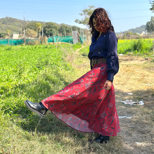 Navy blue bumblebee embroidered silk organza blouse