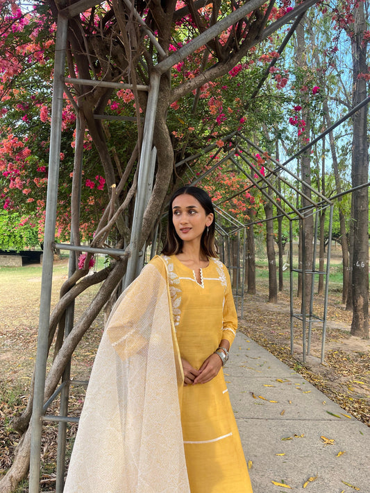 Mango yellow dori embroidery mangalgiri kurta with block kota dupatta