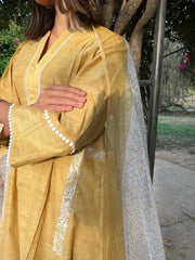 Flax yellow mangalgiri embroidered kurta with block kota dupatta