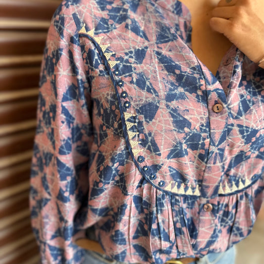 Indigo lilac Akola Daabu print modal cotton top with artisanal embroidery