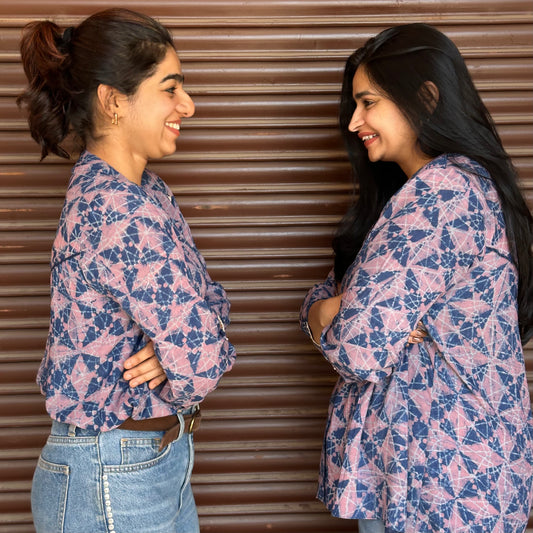 Indigo lilac Akola Daabu print modal cotton top with artisanal embroidery