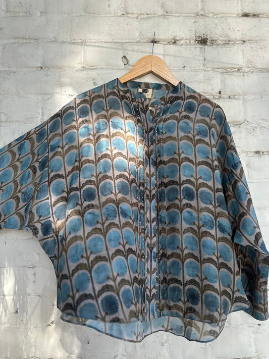 Blue olive kimono sleeved muslin top with pleats and mukaish detail