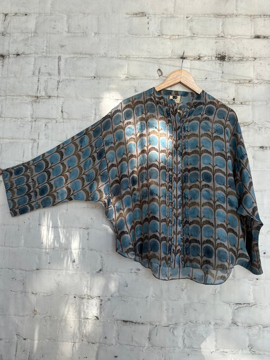 Blue olive kimono sleeved muslin top with pleats and mukaish detail