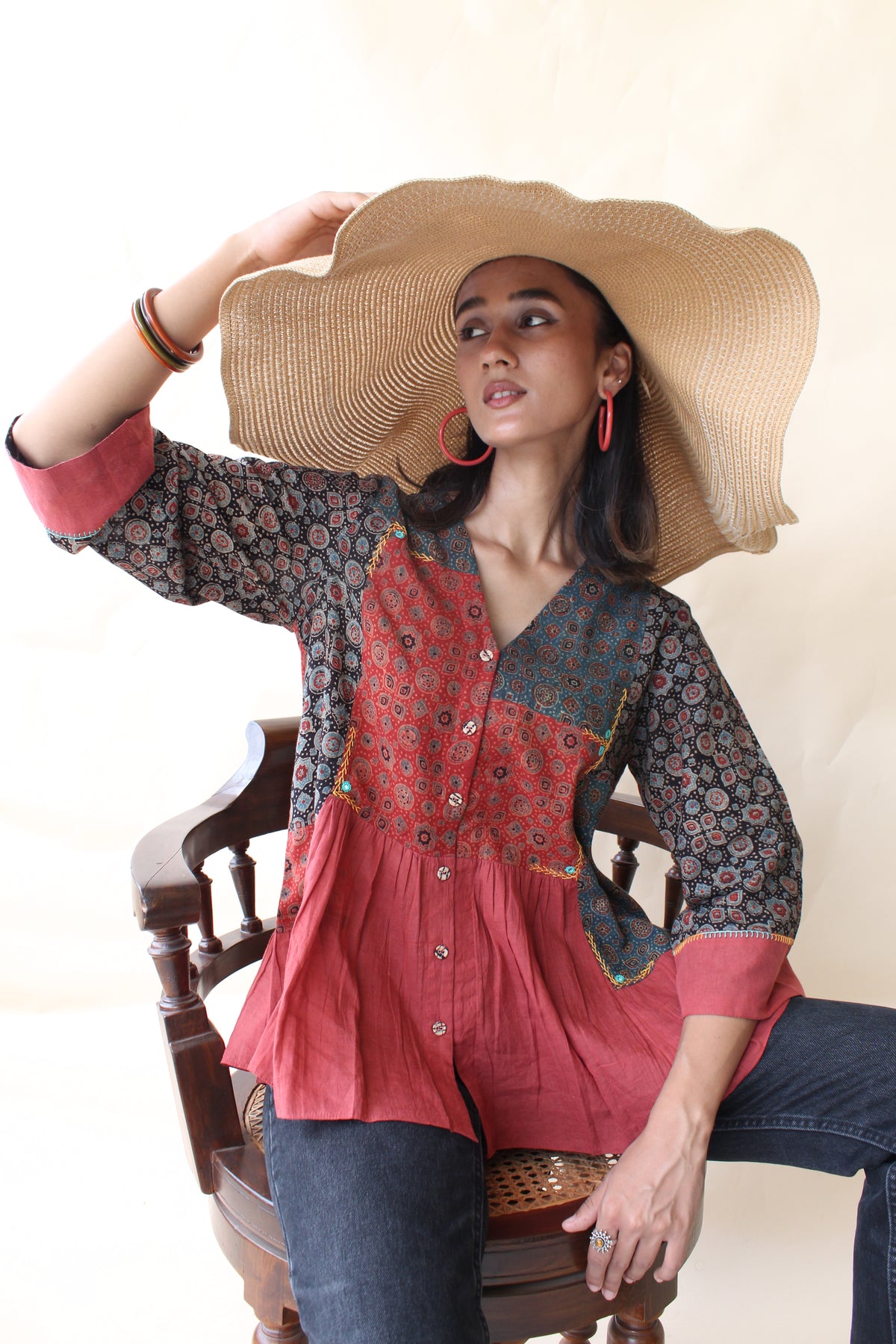 Madder red organic mulmul peplum top with Kalamkari borders