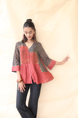 Madder red organic mulmul peplum top with Kalamkari borders