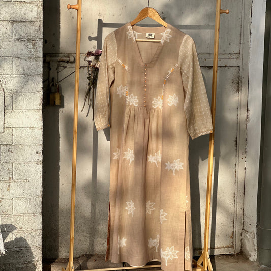 Beige ivory A line Shibori cotton kurta with gathers and artisanal embroidery