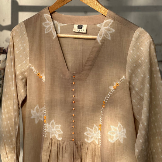 Beige ivory A line Shibori cotton kurta with gathers and artisanal embroidery