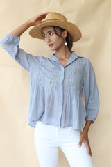 Periwinkle blue crinkle cotton top with twisted pleats