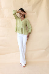 Tea green crinkle cotton crossover peplum top