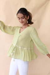 Tea green crinkle cotton crossover peplum top