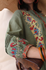 Green organic mulmul peplum top with Kalamkari borders