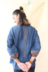 Indigo organic mulmul peplum top with Kalamkari borders